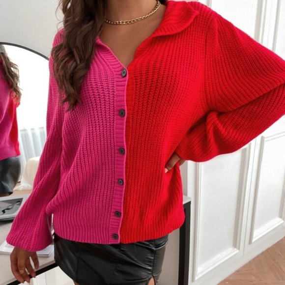 BUTTON FRONT COLORBLOCK CARDIGAN - PINK RED - Picture 7 of 7